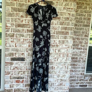 Le Chateau Black White Floral Wrap High Low Maxi Dress